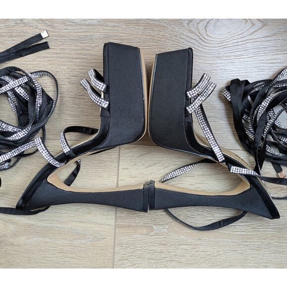 Fashion Nova Heels Sandals 6 Black Rhinestone Platform Wrap Strappy Party Club - Picture 4 of 12